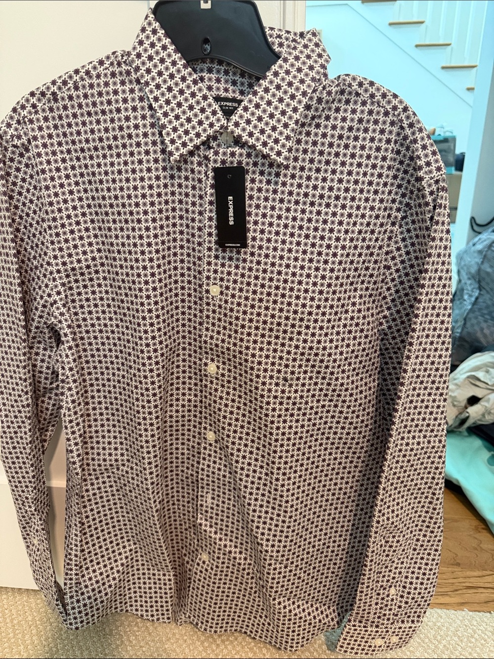 Express Men's Burgundy and White Geo-Print Button Down Shirt